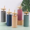 1pc 16oz Bamboo Lid And Straw Silicon Rubber Case Borosilicate Colored Water Bottles Glass